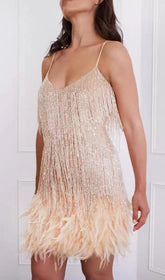 Minikleid mit Quasten und Federn in Beige